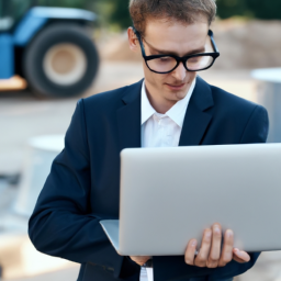A project manager using a construction management software on a laptop at a construction site.