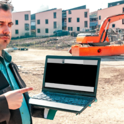 A project manager using a CRM dashboard on a laptop at a construction site.
