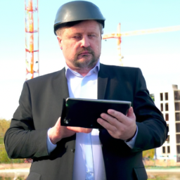 A project manager using a digital tablet on a construction site to track project progress.