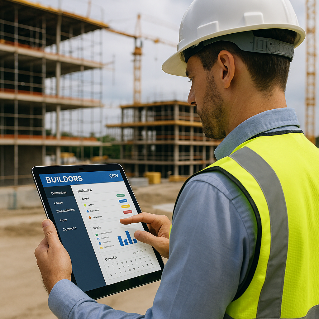 A project manager using Buildors CRM on a construction site.