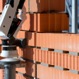 A robotic arm laying bricks on a building structure.