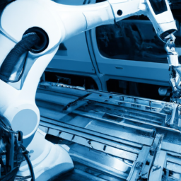 A robotic arm working on an assembly line in an automotive factory.