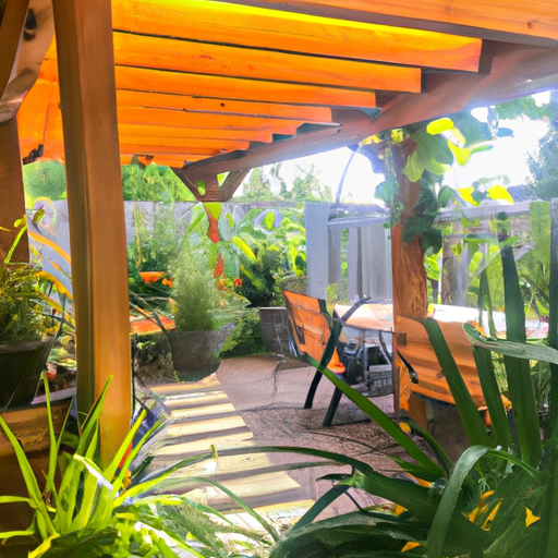 A rustic deck with natural wood and lush plants.