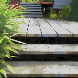 A rustic wooden deck with natural stone accents and lush greenery.