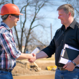 A satisfied client shaking hands with a contractor after a successful project completion.