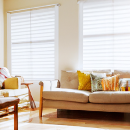 A spacious open-concept living room with large windows and minimalistic furniture.