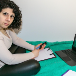 A student studying online with a laptop and notes spread out on a desk.
