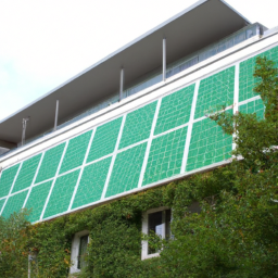 A sustainable building with green walls and solar panels.