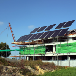 A sustainable construction site with eco-friendly materials and solar panels.
