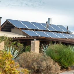 A sustainable home design with solar panels and eco-friendly landscaping.