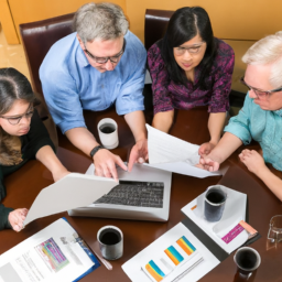 A team collaborating around a table with laptops, discussing project plans.