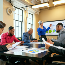 A team meeting discussing budget reports with charts and graphs displayed.