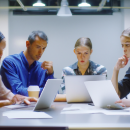 A team meeting discussing mobile field reporting strategies with digital devices.