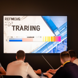 A team meeting discussing project timelines with contractor software projected on a screen.