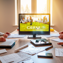 A team meeting in a construction office with a CRM system projected on a screen.