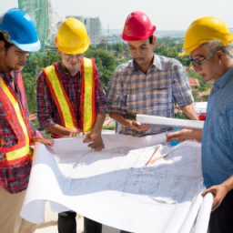 A team meeting on-site discussing project timelines and milestones with blueprints spread out on a table.
