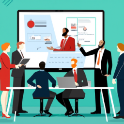 A team meeting where managers discuss strategies using data from field management software.