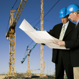 A team of architects and engineers discussing blueprints at a construction site.