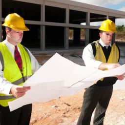 A team of architects and engineers reviewing blueprints on a construction site.