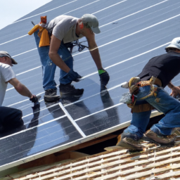 A team of builders working on a sustainable residential project, installing solar panels on the roof.