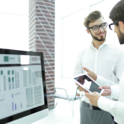 A team of business professionals analyzing CRM data on a large screen.