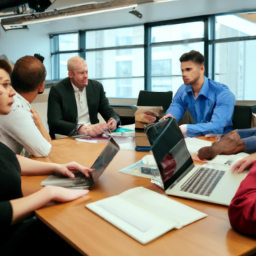 A team of business professionals discussing budget forecasting strategies in a meeting room.