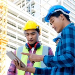A team of construction workers and project managers discussing plans with digital tablets.
