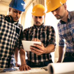 A team of construction workers discussing plans with digital blueprints.