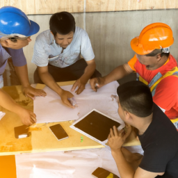A team of construction workers discussing plans with digital project management tools displayed on a screen.