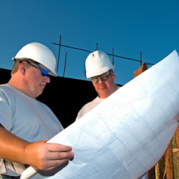 A team of construction workers reviewing blueprints on-site.