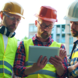 A team of construction workers using a digital tablet to review project plans.