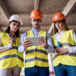 A team of contractors discussing plans with tablets in hand, displaying software scheduling features.