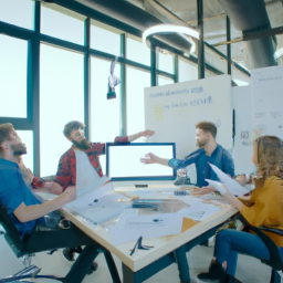 A team of contractors discussing project details with CRM software on a large screen.