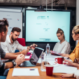 A team of contractors in a meeting, discussing data security protocols.