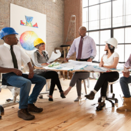 A team of contractors in a meeting discussing sales strategies.