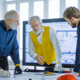 A team of engineers collaborating over digital blueprints using a builder management system.