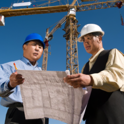 A team of engineers examining blueprints at a construction site.