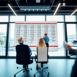 A team of managers analyzing predictive scheduling software on a large monitor.