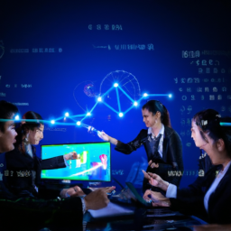 A team of marketers analyzing data on a large screen.