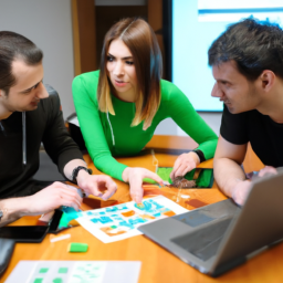 A team of professionals brainstorming around a table with digital devices displaying various templates.