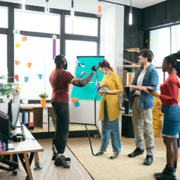 A team of professionals discussing AI strategy in a modern office setting.