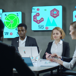 A team of professionals discussing resource allocation with AI assistance.