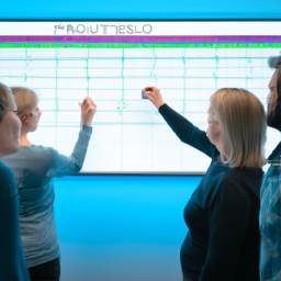 A team of professionals in a meeting room discussing project timelines with charts and graphs displayed on a screen.