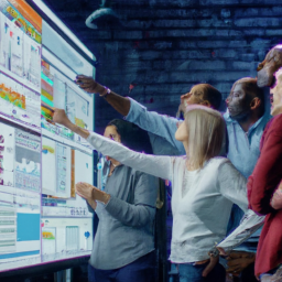 A team of project managers discussing a project schedule displayed on a large screen.