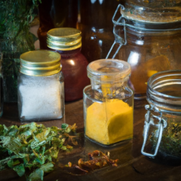 A traditional Pakistani kitchen with spices and herbs laid out for cooking a meal.