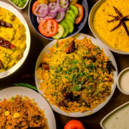 A traditional Pakistani meal featuring biryani, kebabs, and naan.