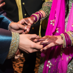 A traditional Pakistani wedding ceremony, capturing the vibrant attire and cultural rituals.