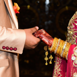 A traditional Pakistani wedding ceremony with vibrant decorations and colorful attire.