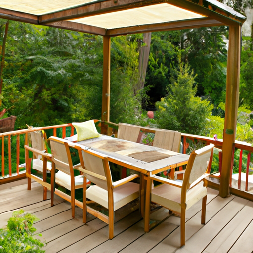 A traditional wooden deck with a dining area.