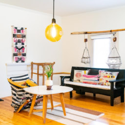 A vibrant living room with bold colors and eclectic decor elements.